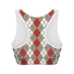 Red Beige And White Argyle Pattern Print Women's Sports Bra