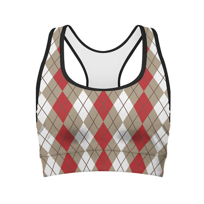 Red Beige And White Argyle Pattern Print Women's Sports Bra