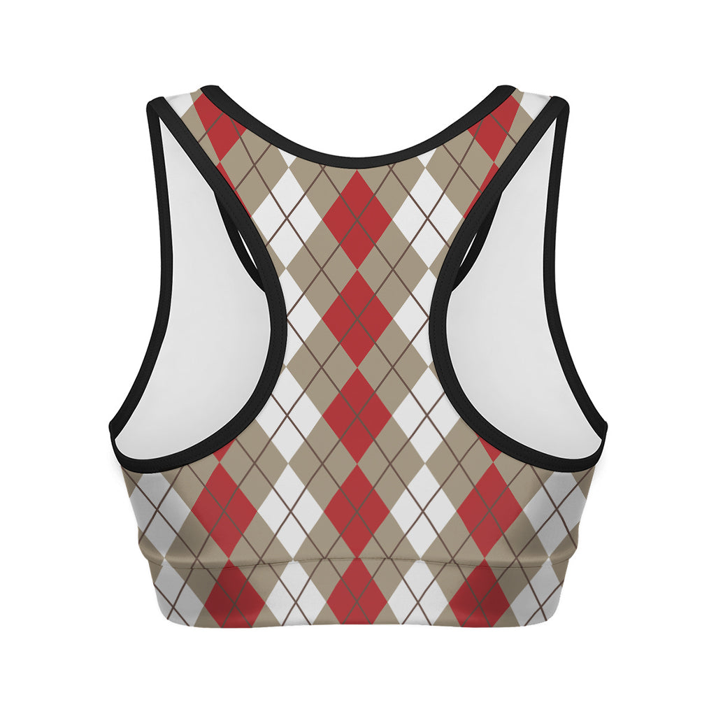 Red Beige And White Argyle Pattern Print Women's Sports Bra