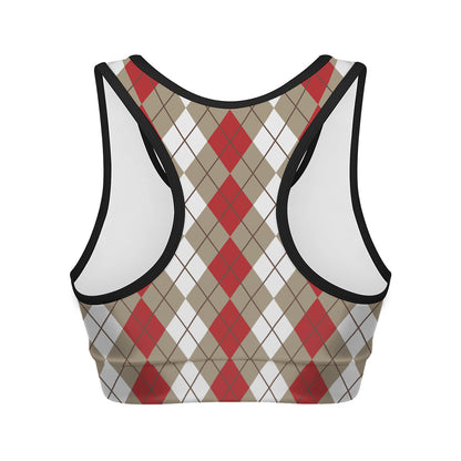 Red Beige And White Argyle Pattern Print Women's Sports Bra