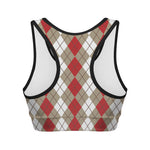 Red Beige And White Argyle Pattern Print Women's Sports Bra