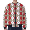 Red Beige And White Argyle Pattern Print Zip Sleeve Bomber Jacket