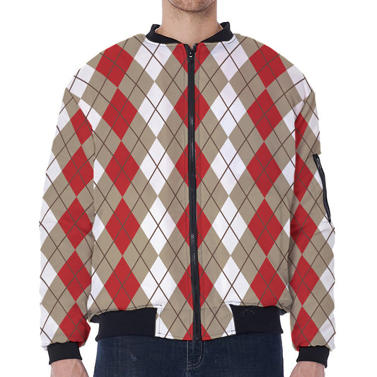 Red Beige And White Argyle Pattern Print Zip Sleeve Bomber Jacket