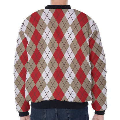 Red Beige And White Argyle Pattern Print Zip Sleeve Bomber Jacket