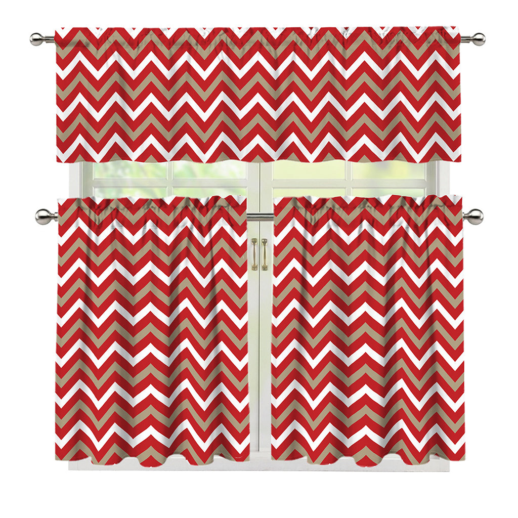 Red Beige And White Chevron Print 3 Piece Kitchen Curtains