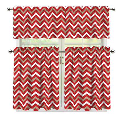 Red Beige And White Chevron Print 3 Piece Kitchen Curtains