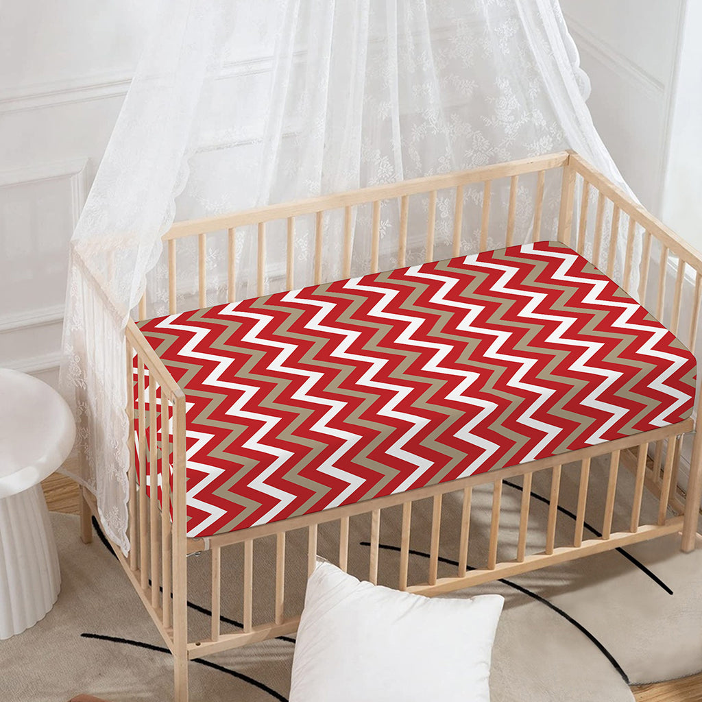 Red Beige And White Chevron Print Baby Crib Sheet