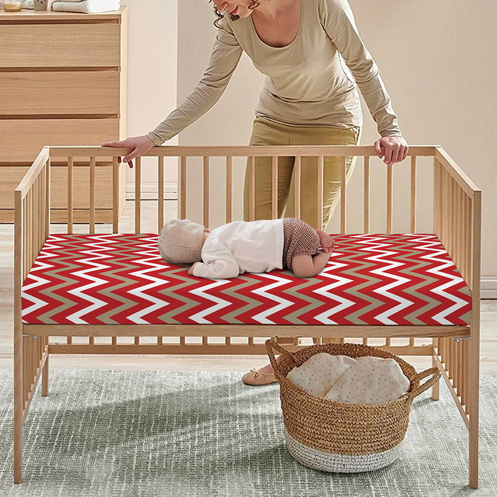 Red Beige And White Chevron Print Baby Crib Sheet
