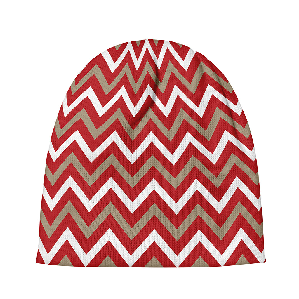 Red Beige And White Chevron Print Beanie