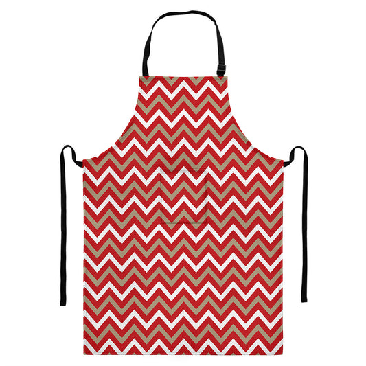 Red Beige And White Chevron Print Bib Apron With Pocket
