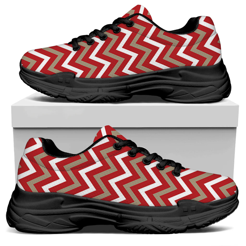 Red Beige And White Chevron Print Black Chunky Shoes