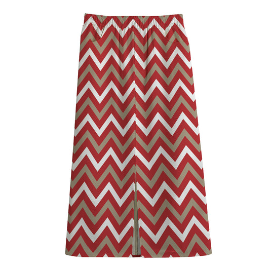 Red Beige And White Chevron Print Cotton Front Slit Maxi Skirt