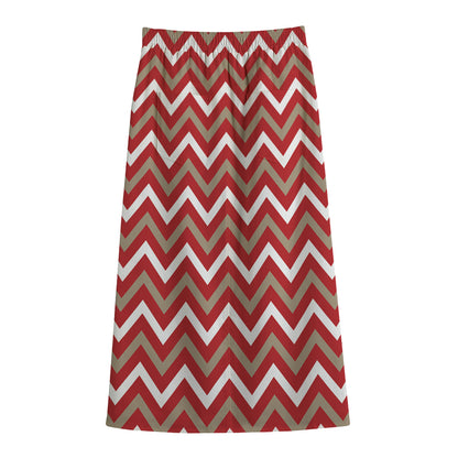 Red Beige And White Chevron Print Cotton Front Slit Maxi Skirt