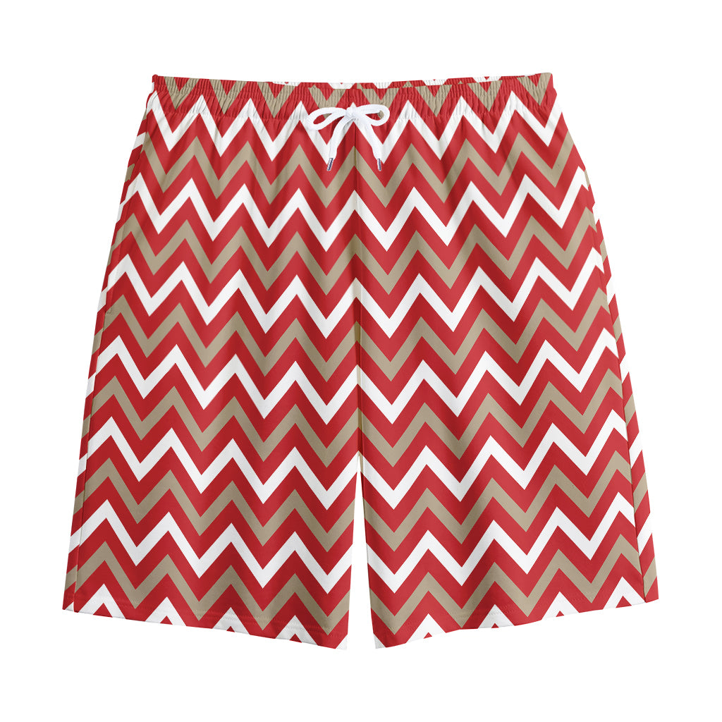 Red Beige And White Chevron Print Cotton Shorts