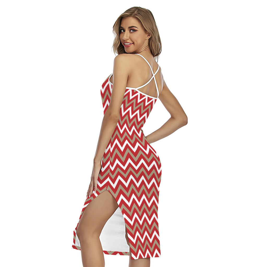 Red Beige And White Chevron Print Cross Back Cami Dress