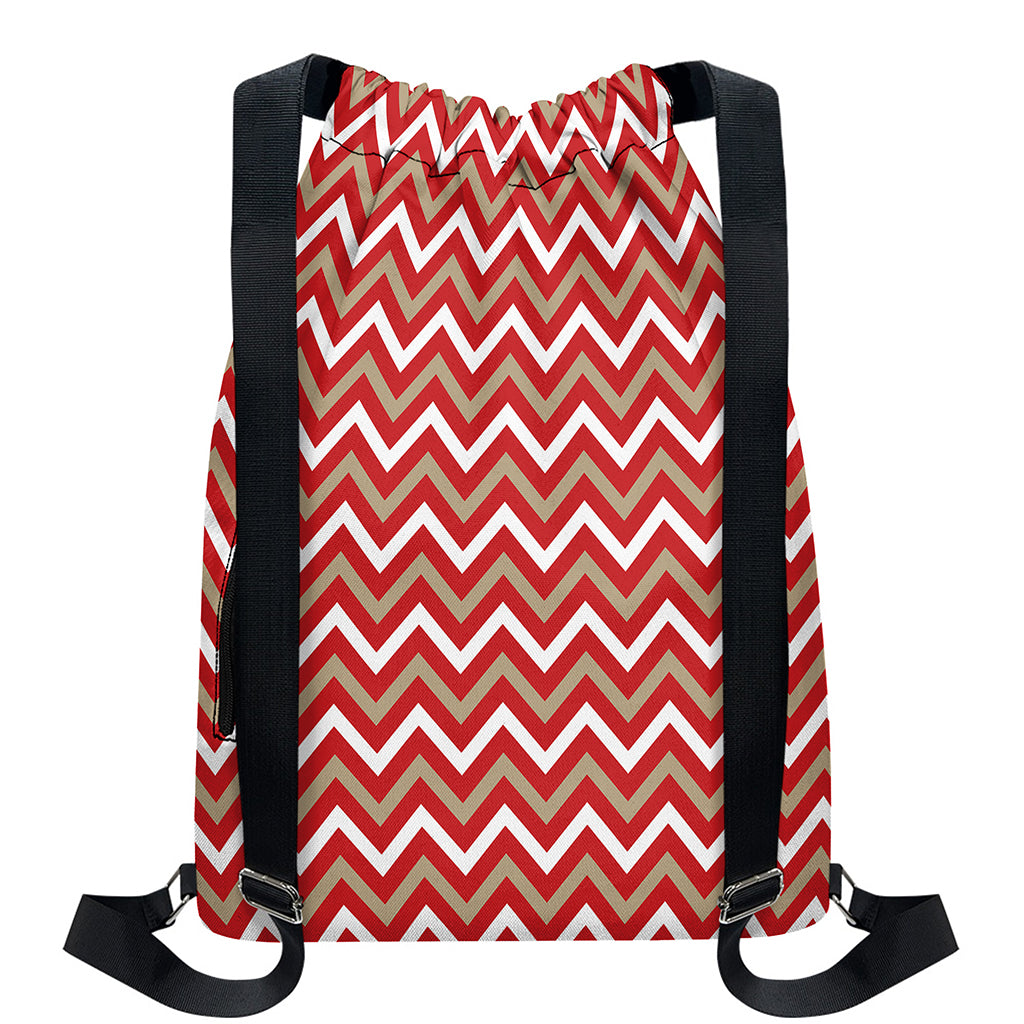 Red Beige And White Chevron Print Drawstring Backpack