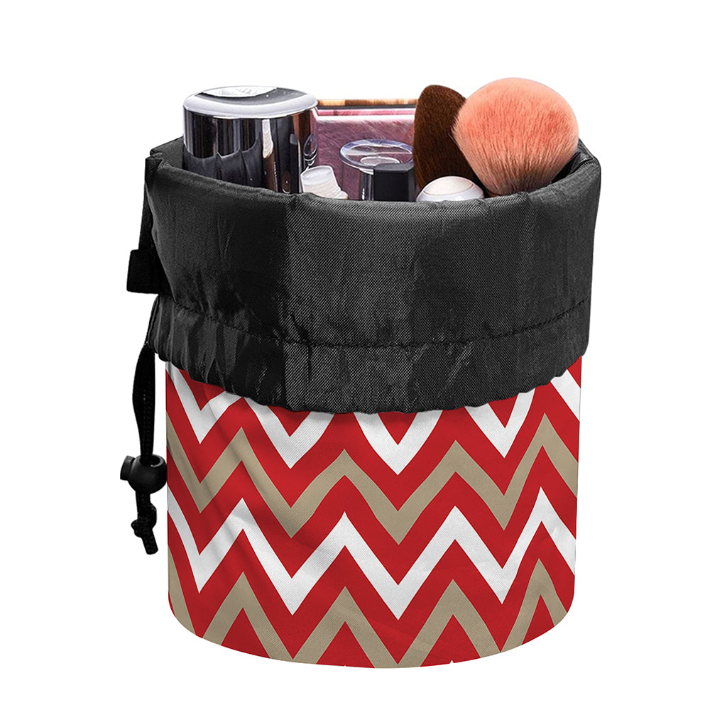 Red Beige And White Chevron Print Drawstring Makeup Bag