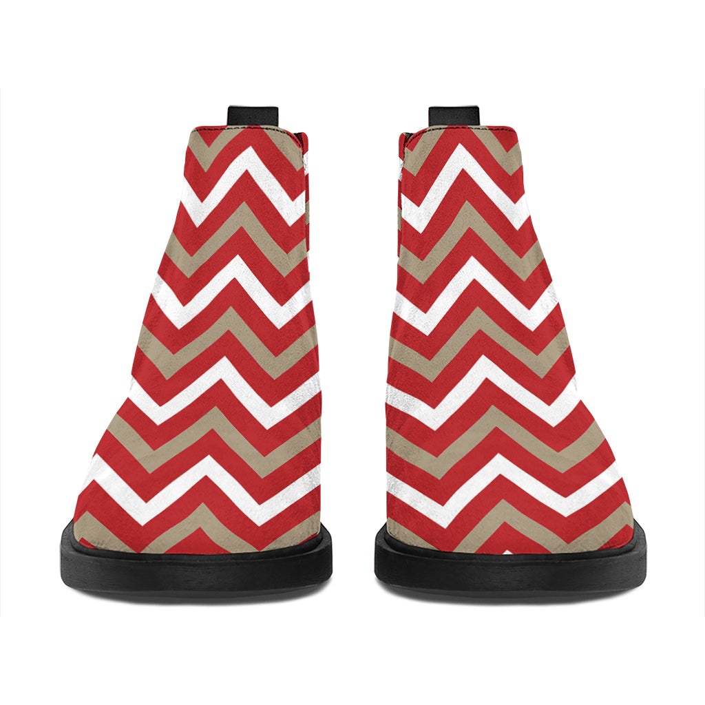 Red Beige And White Chevron Print Flat Ankle Boots