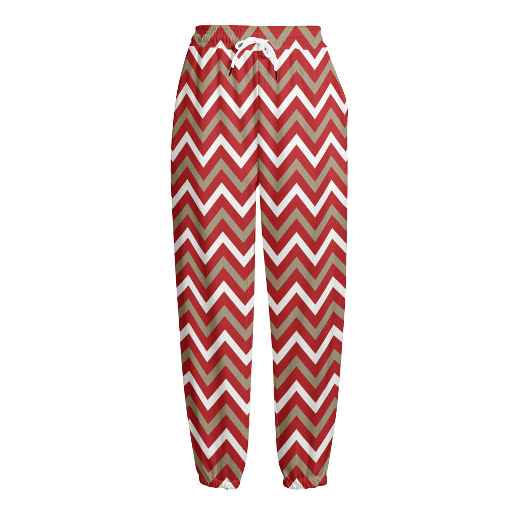 Red Beige And White Chevron Print Fleece Lined Knit Pants