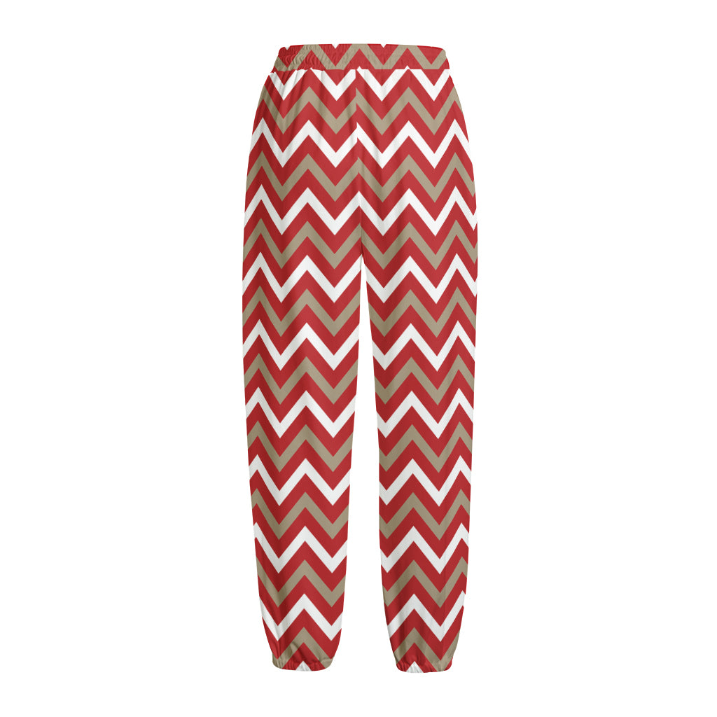 Red Beige And White Chevron Print Fleece Lined Knit Pants