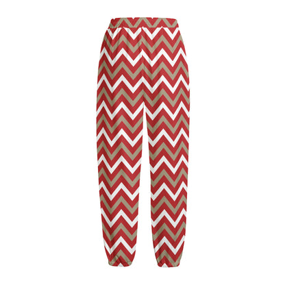 Red Beige And White Chevron Print Fleece Lined Knit Pants