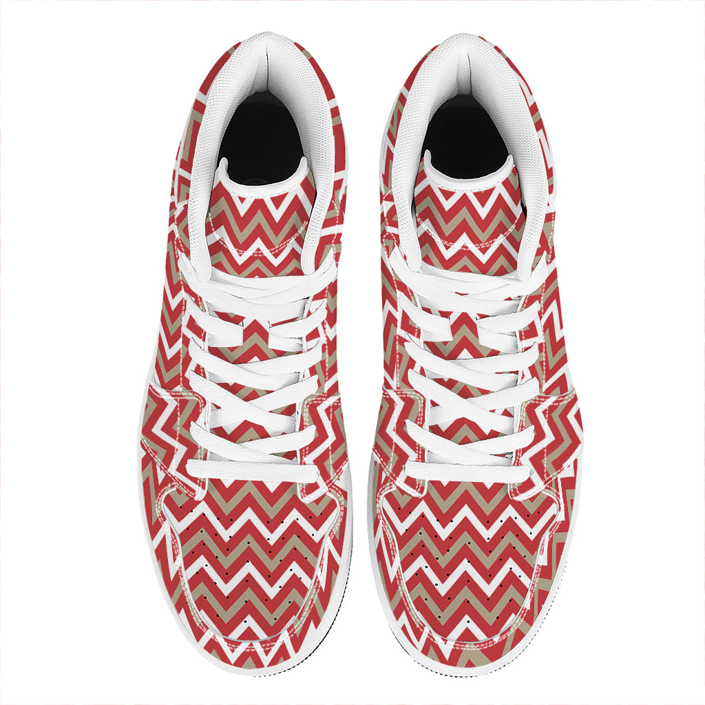 Red Beige And White Chevron Print High Top Leather Sneakers