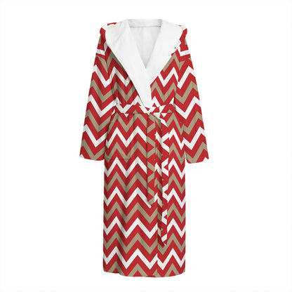 Red Beige And White Chevron Print Hooded Bathrobe