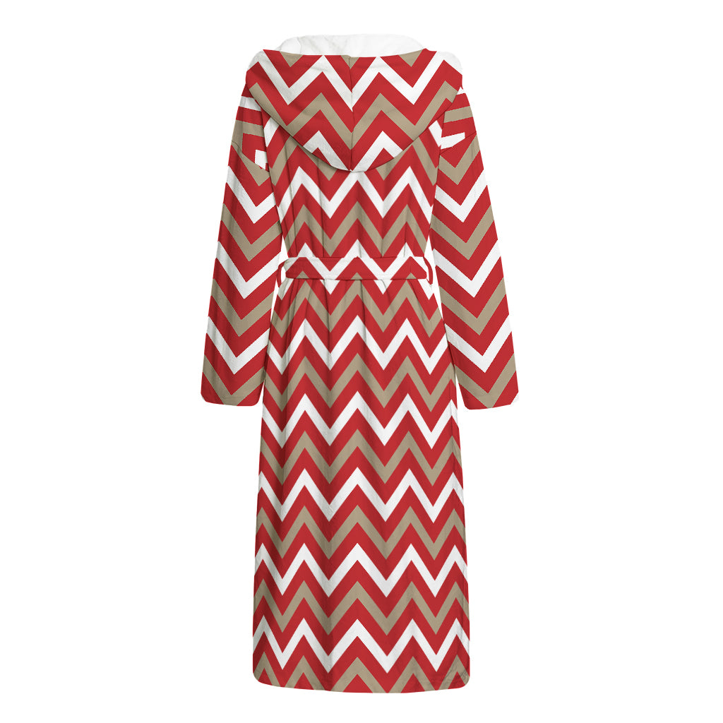 Red Beige And White Chevron Print Hooded Bathrobe
