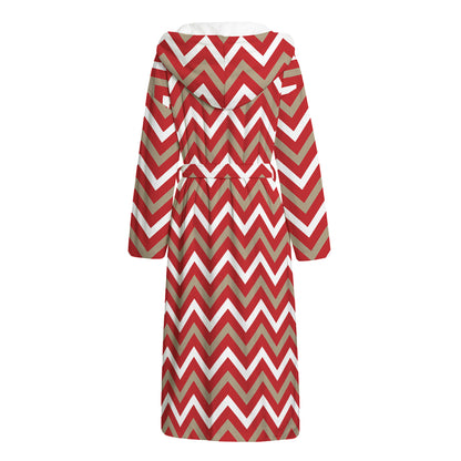 Red Beige And White Chevron Print Hooded Bathrobe