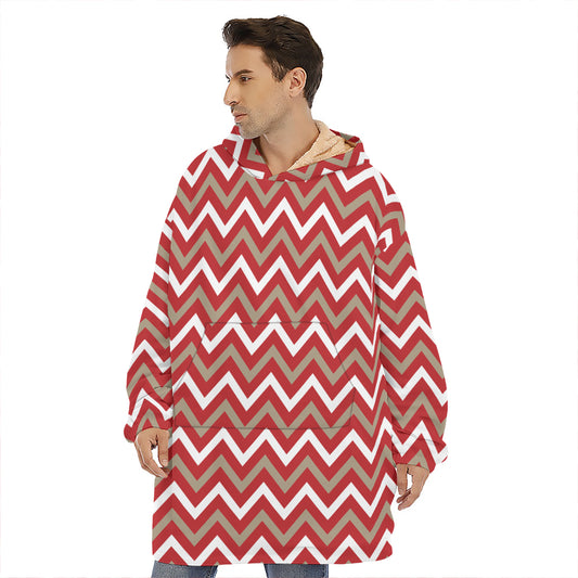 Red Beige And White Chevron Print Hoodie Blanket