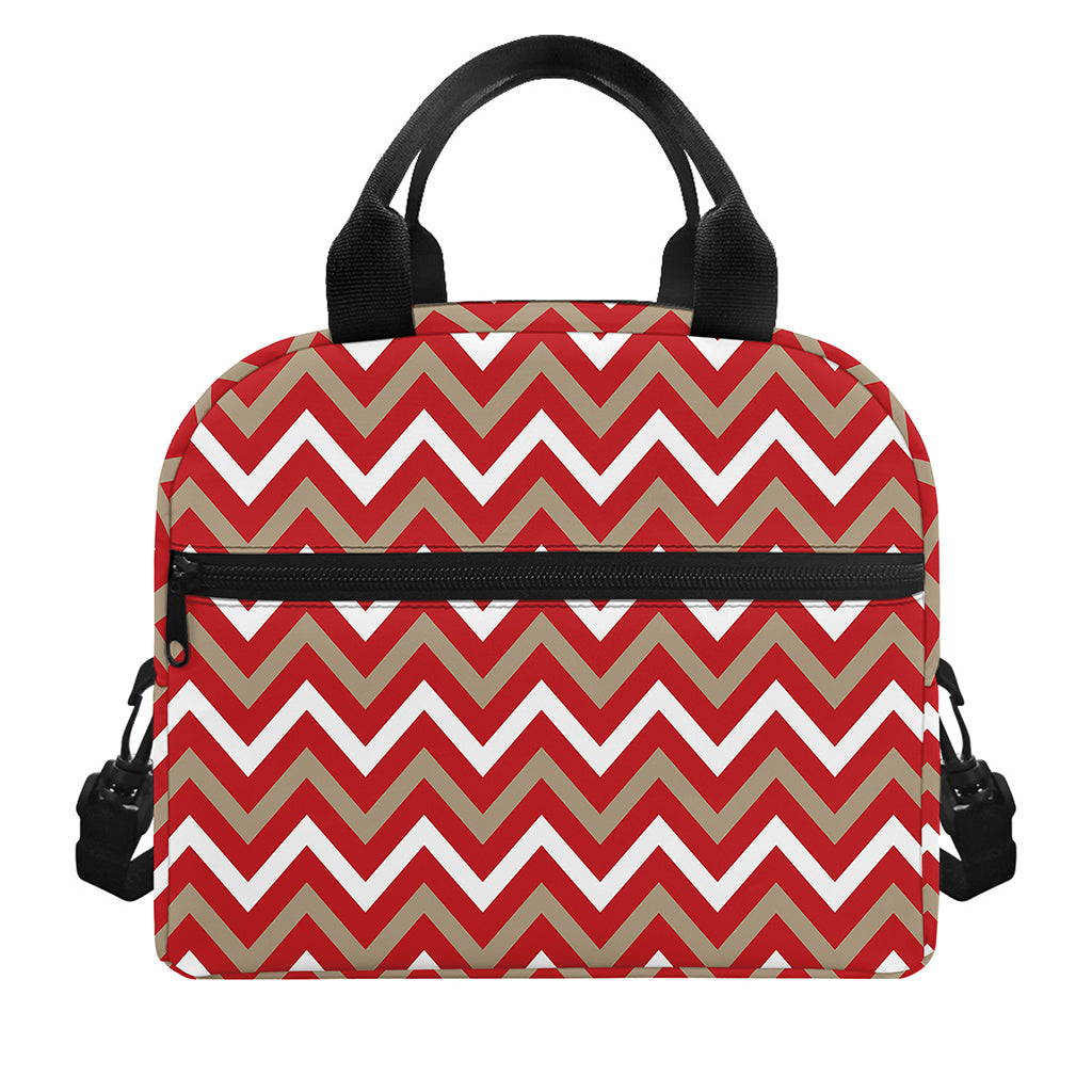 Red Beige And White Chevron Print Insulated Lunch Bag