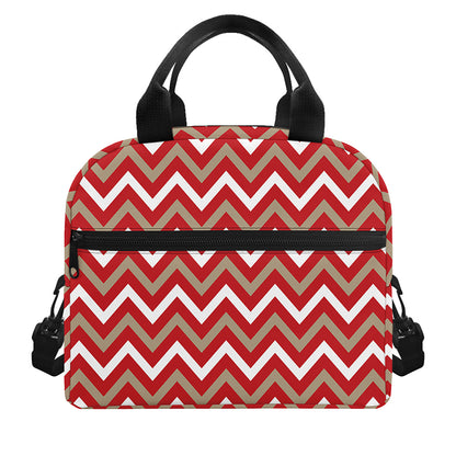 Red Beige And White Chevron Print Insulated Lunch Bag