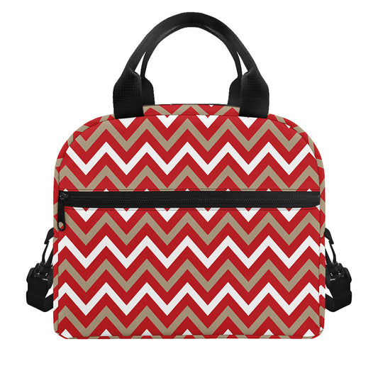 Red Beige And White Chevron Print Insulated Lunch Bag