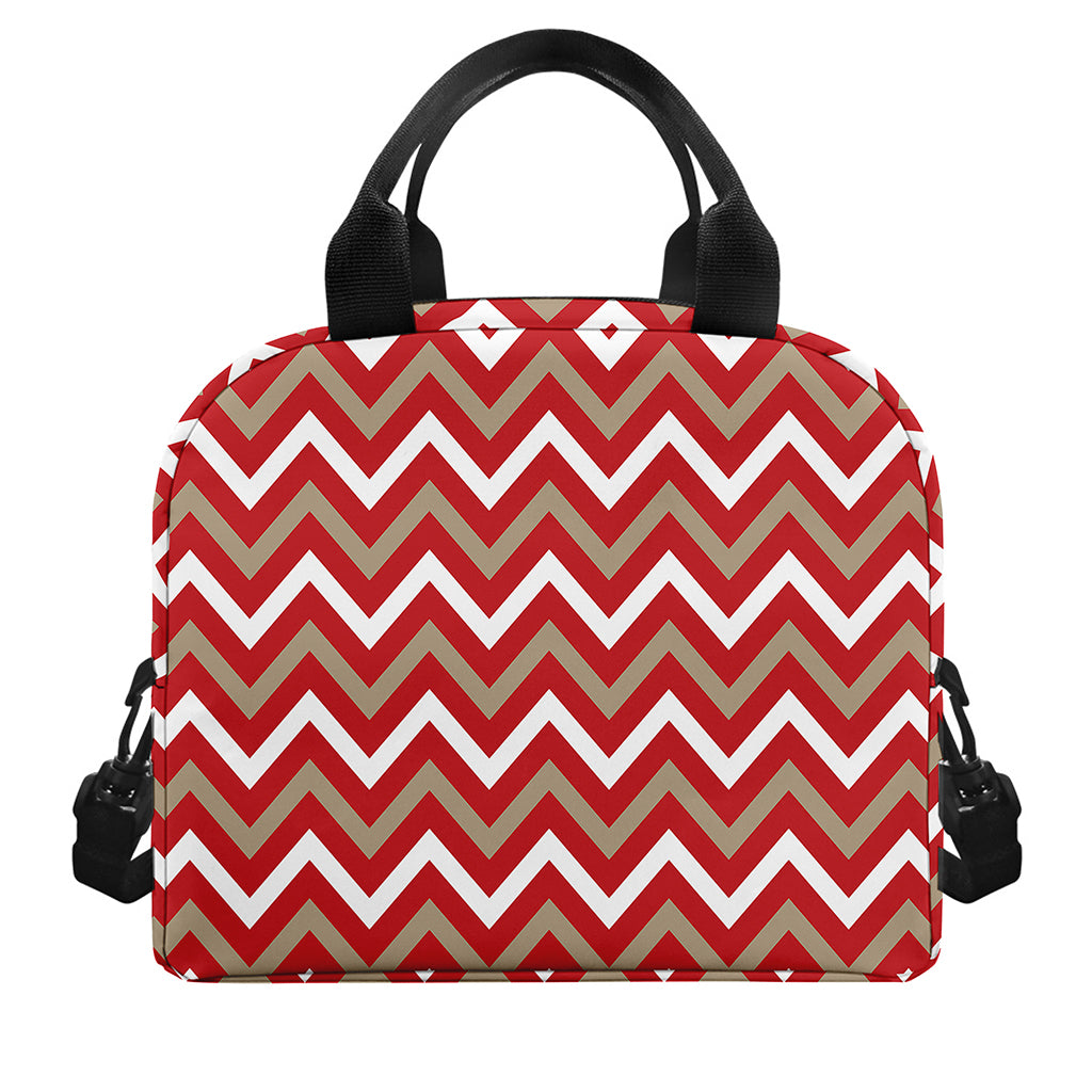 Red Beige And White Chevron Print Insulated Lunch Bag