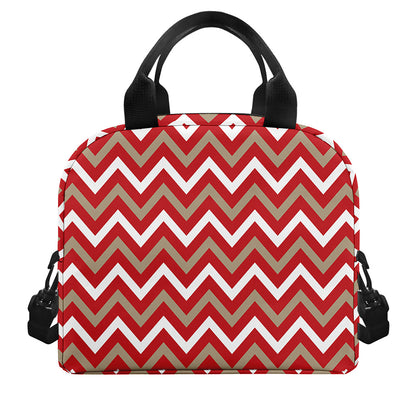 Red Beige And White Chevron Print Insulated Lunch Bag