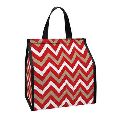 Red Beige And White Chevron Print Insulated Lunch Tote