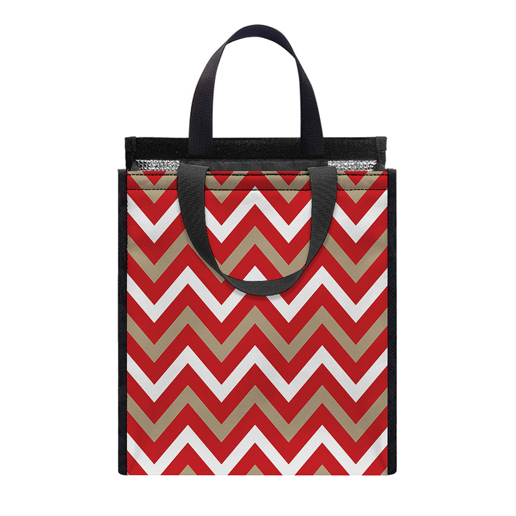 Red Beige And White Chevron Print Insulated Lunch Tote