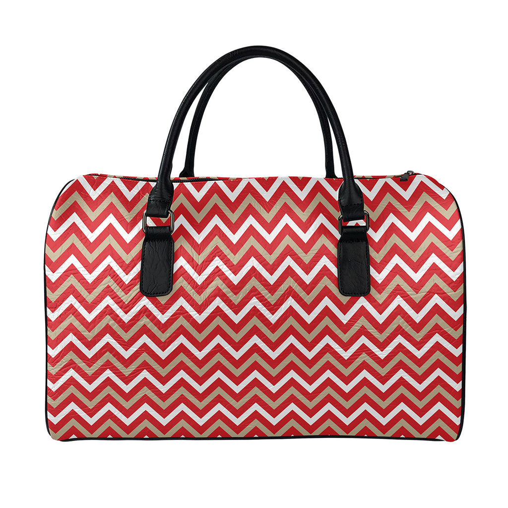 Red Beige And White Chevron Print Leather Duffle Bag