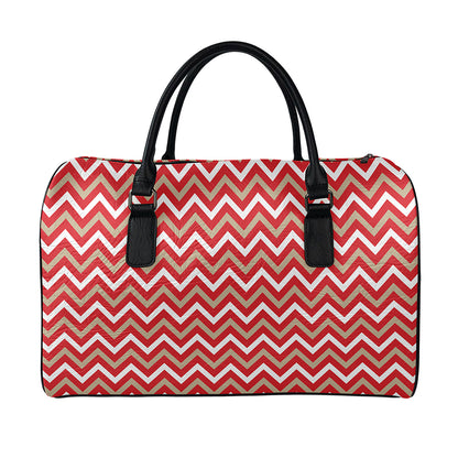 Red Beige And White Chevron Print Leather Duffle Bag
