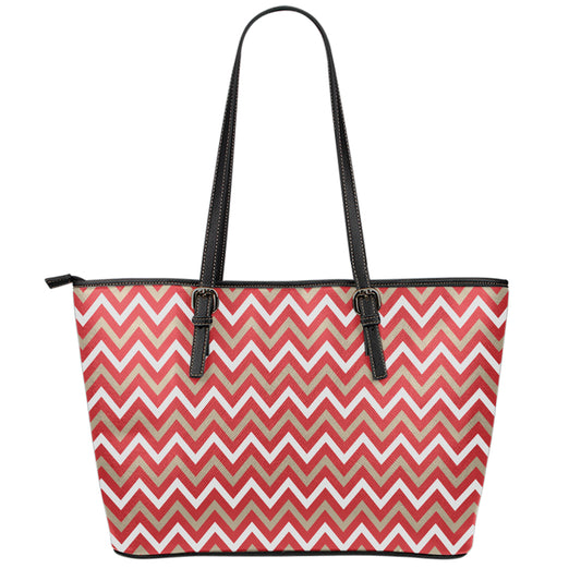 Red Beige And White Chevron Print Leather Tote Bag