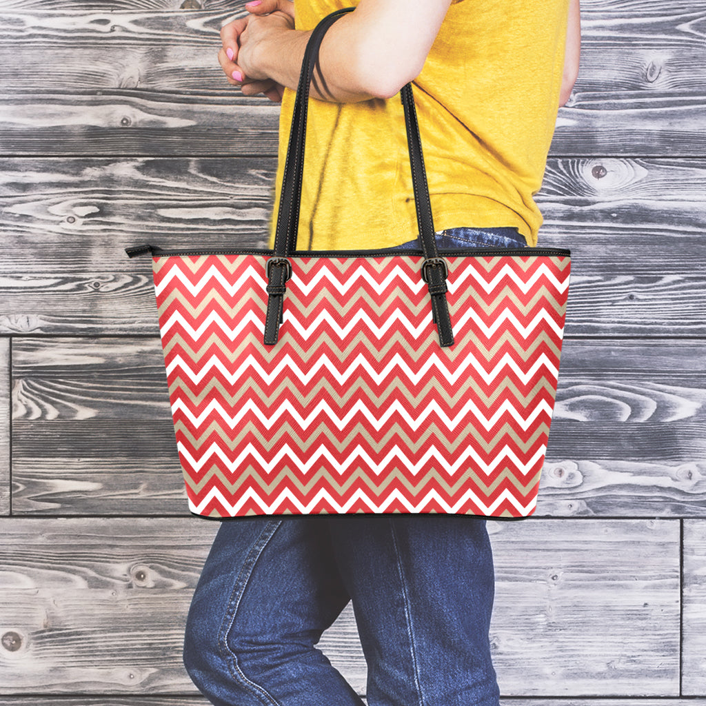 Red Beige And White Chevron Print Leather Tote Bag