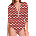 Red Beige And White Chevron Print Long Sleeve Swimsuit