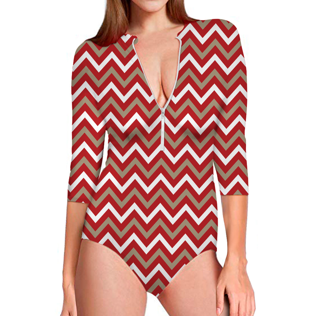 Red Beige And White Chevron Print Long Sleeve Swimsuit