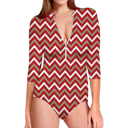 Red Beige And White Chevron Print Long Sleeve Swimsuit