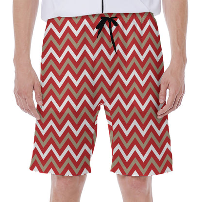 Red Beige And White Chevron Print Men's Beach Shorts
