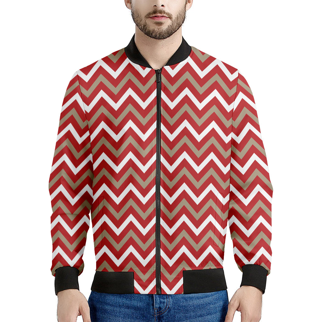 Red Beige And White Chevron Print Men's Bomber Jacket