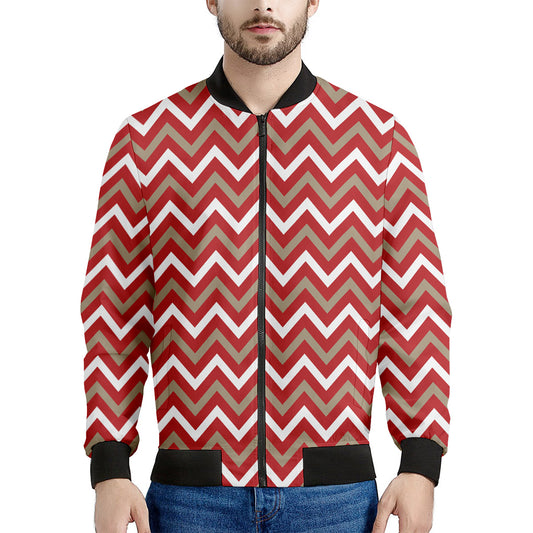 Red Beige And White Chevron Print Men's Bomber Jacket