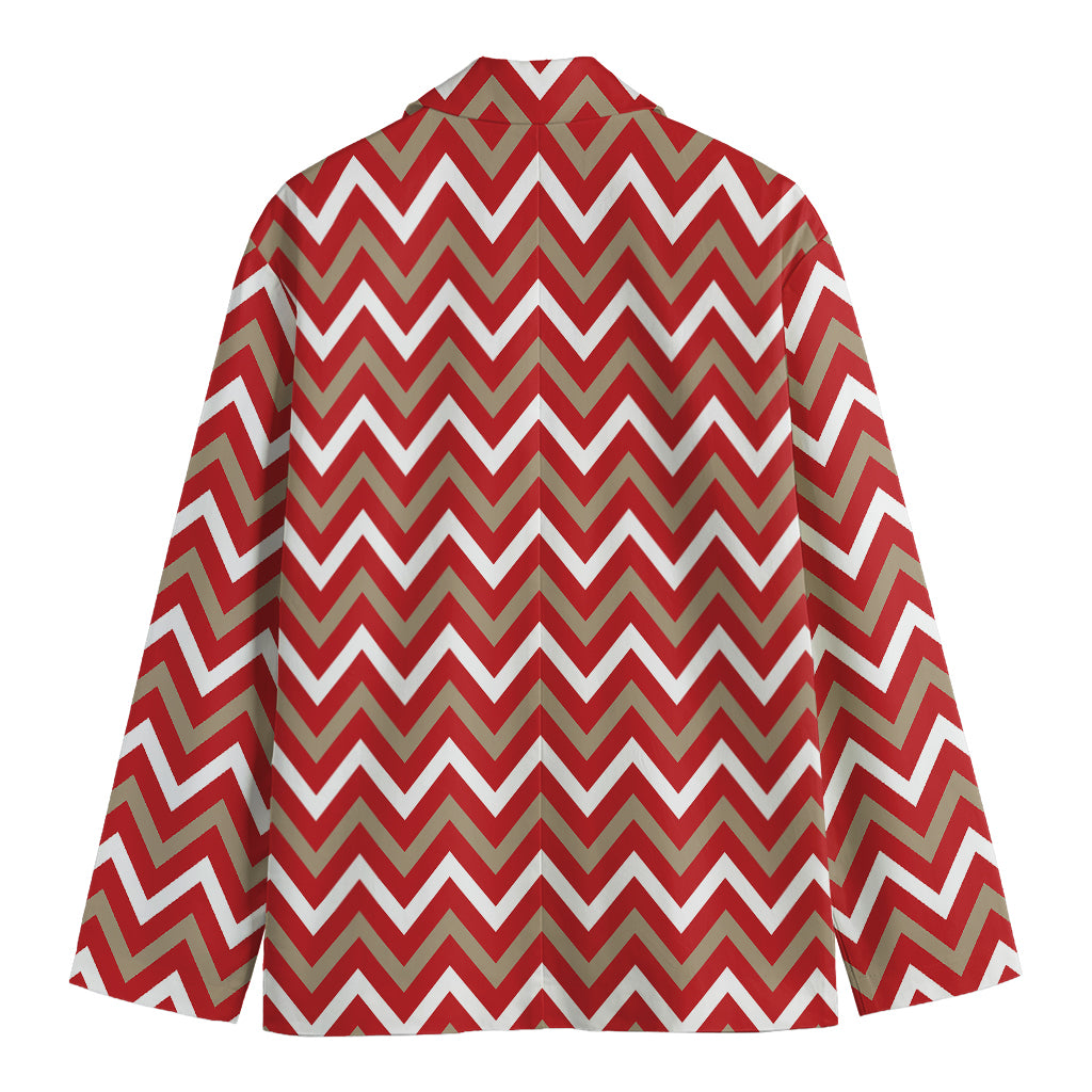 Red Beige And White Chevron Print Men's Cotton Blazer
