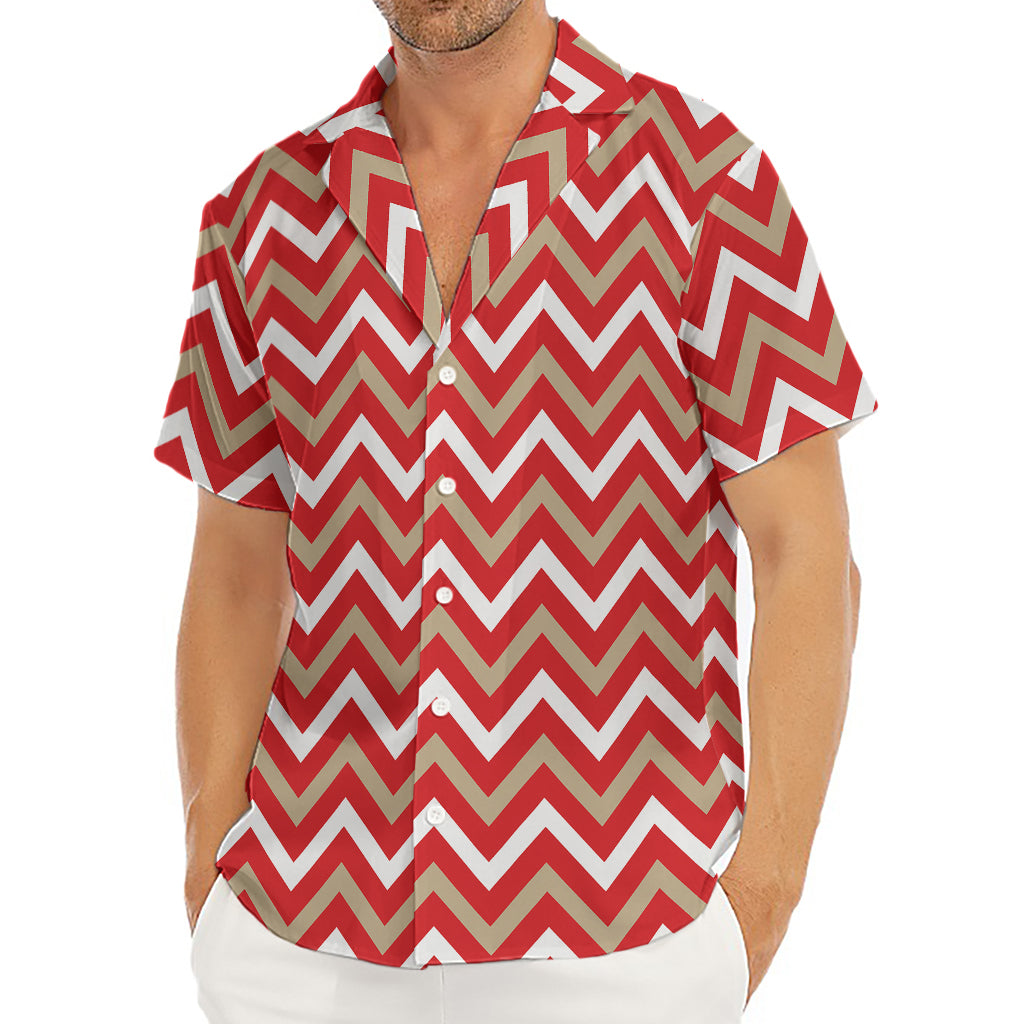Red Beige And White Chevron Print Men's Deep V-Neck Shirt