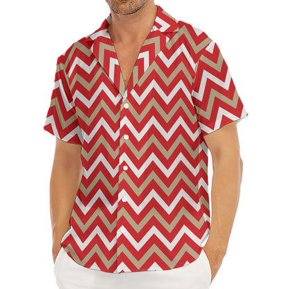 Red Beige And White Chevron Print Men's Deep V-Neck Shirt